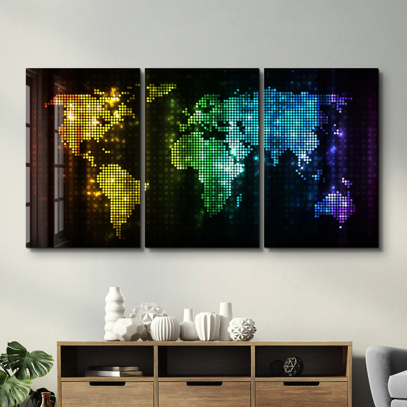 ・"World Map Dot Design - Trio"・Glass Wall Art - Image 3