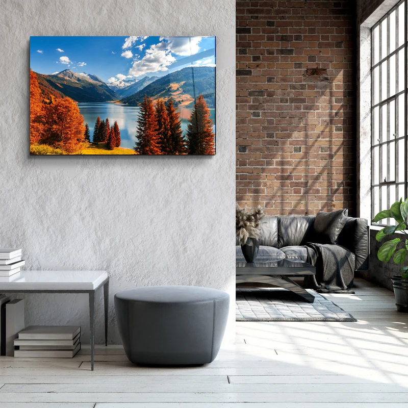 ・"Lake and Mountain Landscape"・Glass Wall Art - Image 2