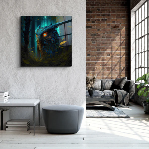 ."Blazing Blue Owl". Secret World Collection Glass Wall Art - Image 2