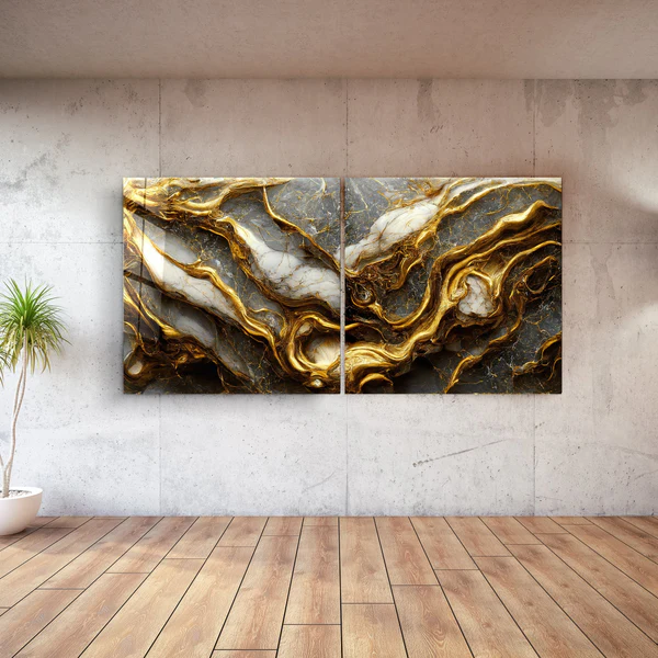 ・"Golden Roots in the Marble - Duo"・Glass Wall Art - Image 3