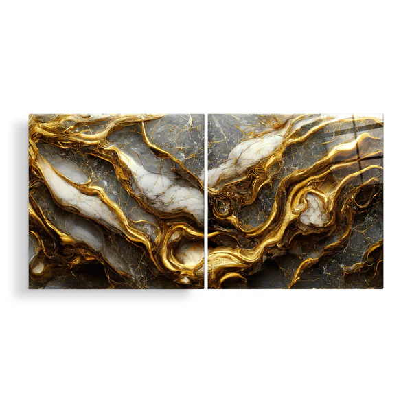 ・"Golden Roots in the Marble - Duo"・Glass Wall Art