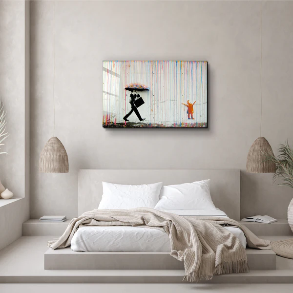 ・"Banksy - Umbrella Man - Rainbow Rain Girl "・Glass Wall Art