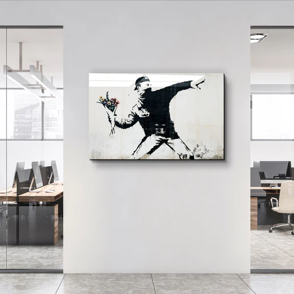 ・"Banksy - Rioter Throwing a Flower Bouquet"・Glass Wall Art - Image 3